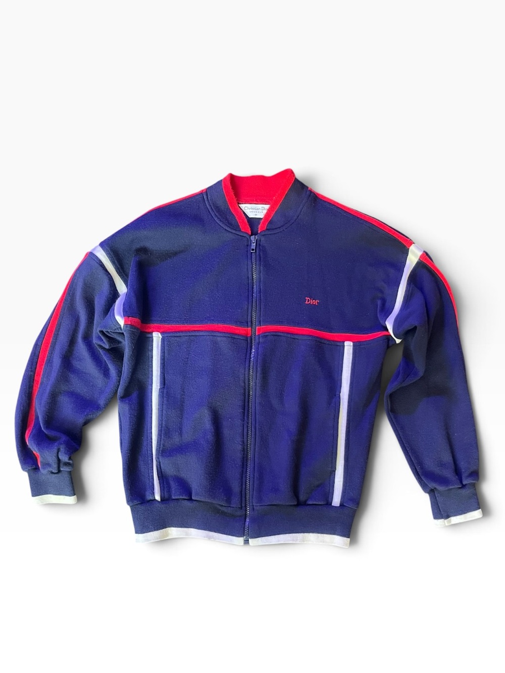 Vintage Dior Men’s Blue Zip-Up Track Jacket with Red and White Trim